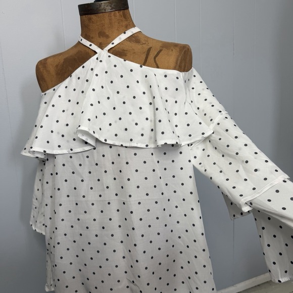 Express Top Womens Size M White Polka Dot Off The Shoulder Long Sleeve Boho - Picture 4 of 8